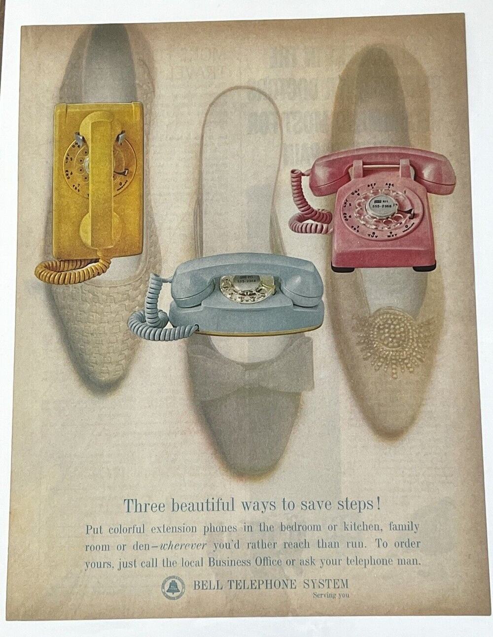 Vtg Bell Telephone Print Ad Retro Pastel Phone 1960s Shoes Fashion Pink